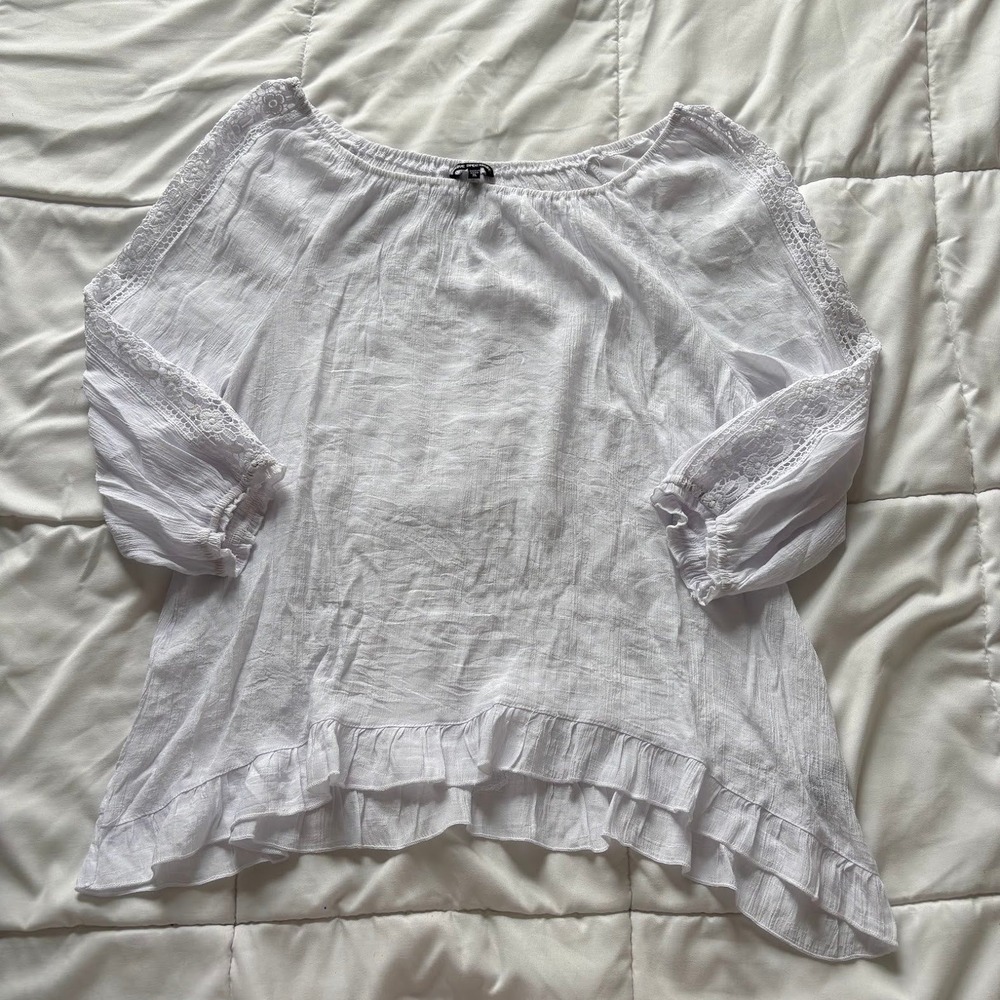 Unique Spectrum White Peasant Blouse Crochet Lace 3/4 Sleeve XL Cottagecore